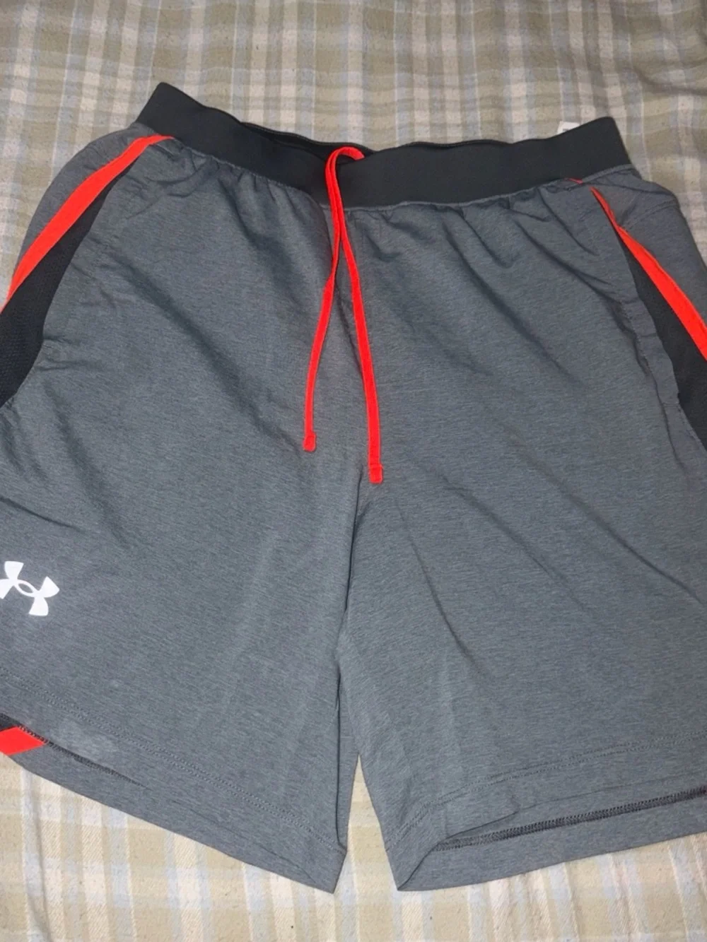 Under Armour Gray Swim Trunks with Red Drawstring and Accents